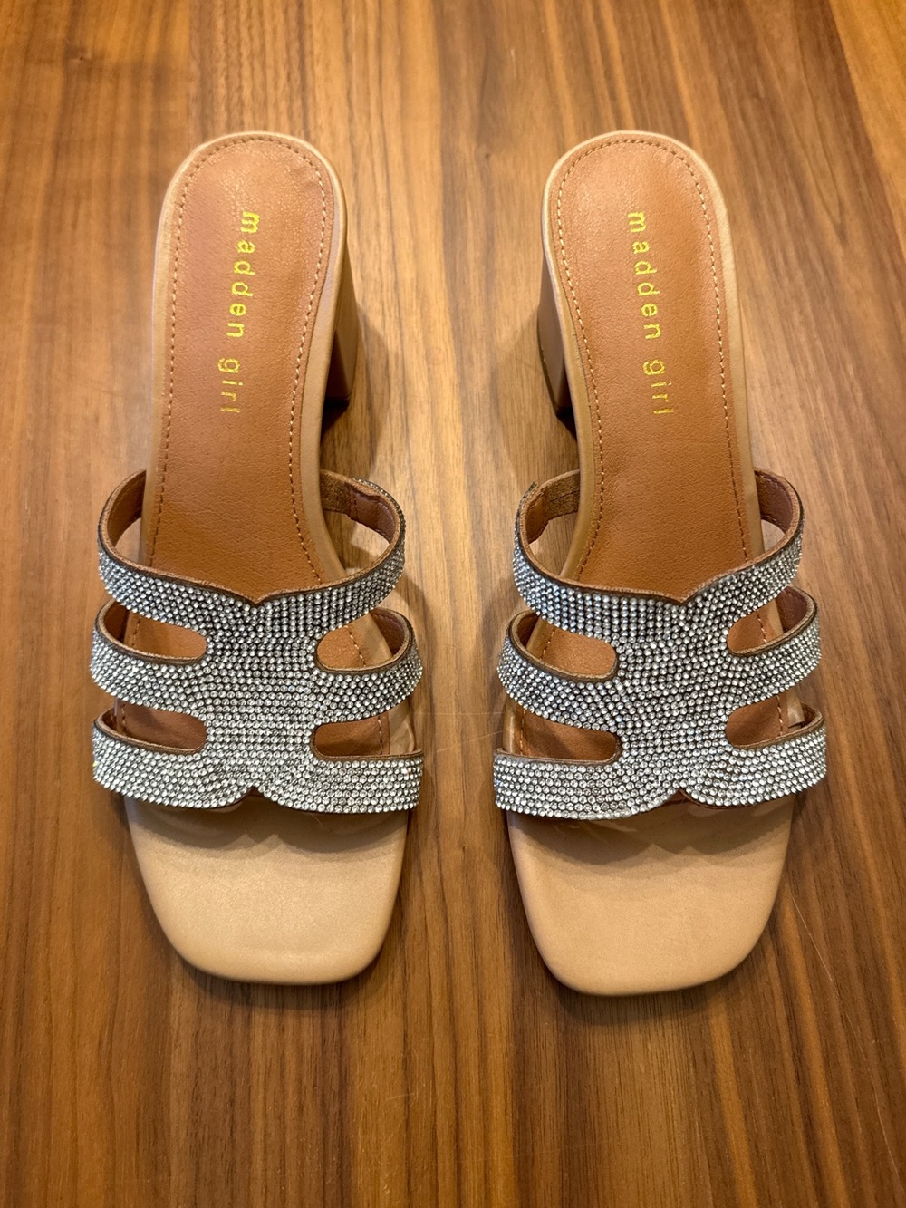 Madden Girl Tan Block Heel Slides with Silver Rhinestone Straps